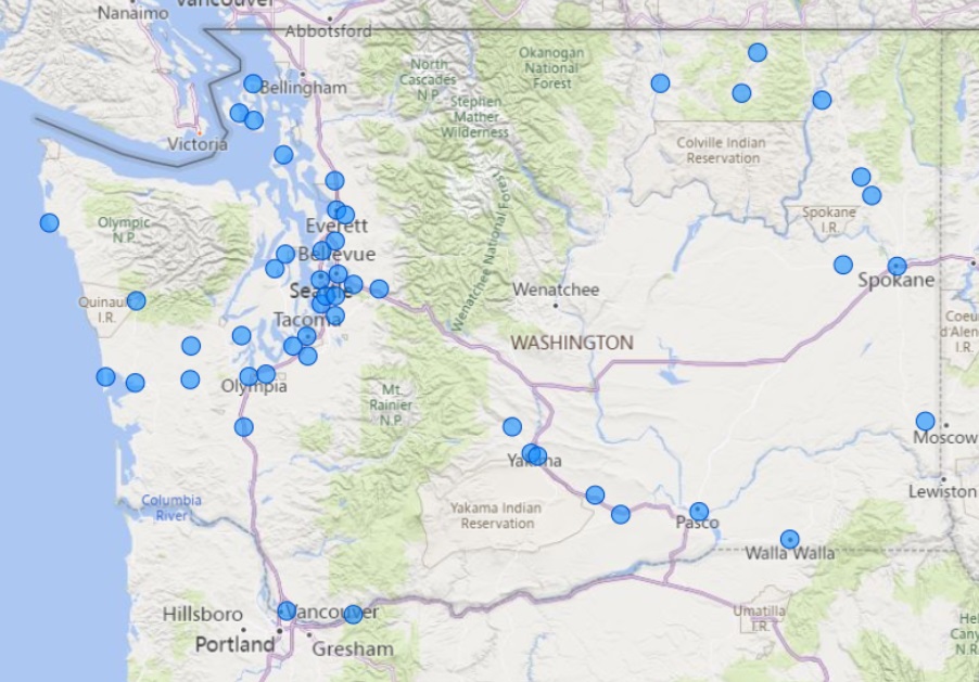 A map of Washington school districts that have received grant funding for electric school buses.